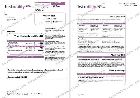 United Kingdom First gas and electricity utility bill in Word and PDF formats, 6 pages